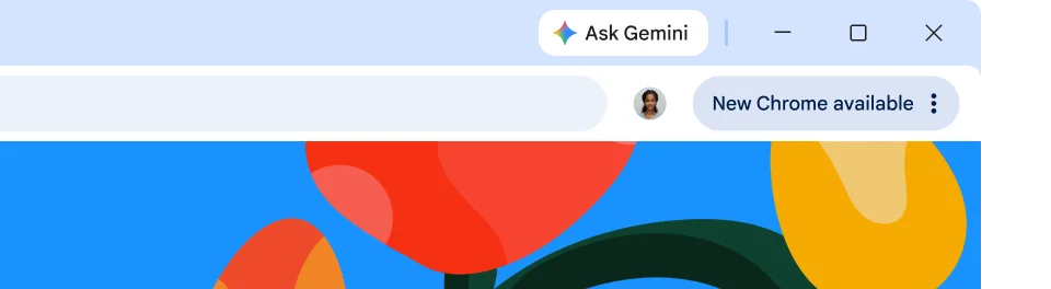 A browser UI features a green Update pill which tells the user it’s ready to be restarted for an automatic update.