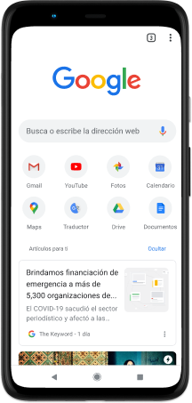 Pantalla del teléfono Pixel 4 XL que muestra la barra de búsqueda de Google.com, apps favoritas y artículos sugeridos.