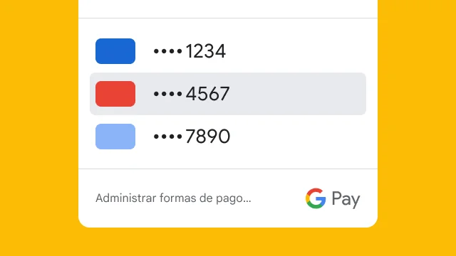 Google Pay muestra solo los últimos cuatro dígitos de tres tarjetas de crédito por motivos de seguridad.