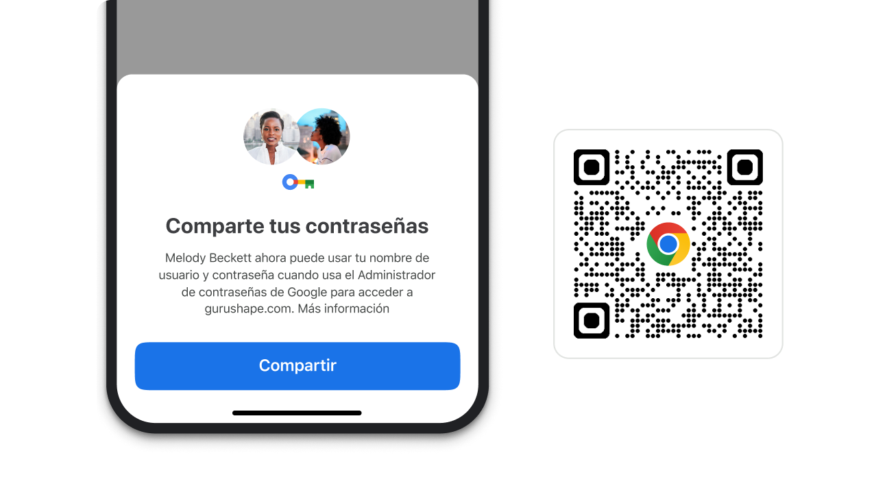 Un módulo en Chrome que te permite compartir contraseñas. Junto al módulo, hay un código QR que puede usarse para descargar Chrome.