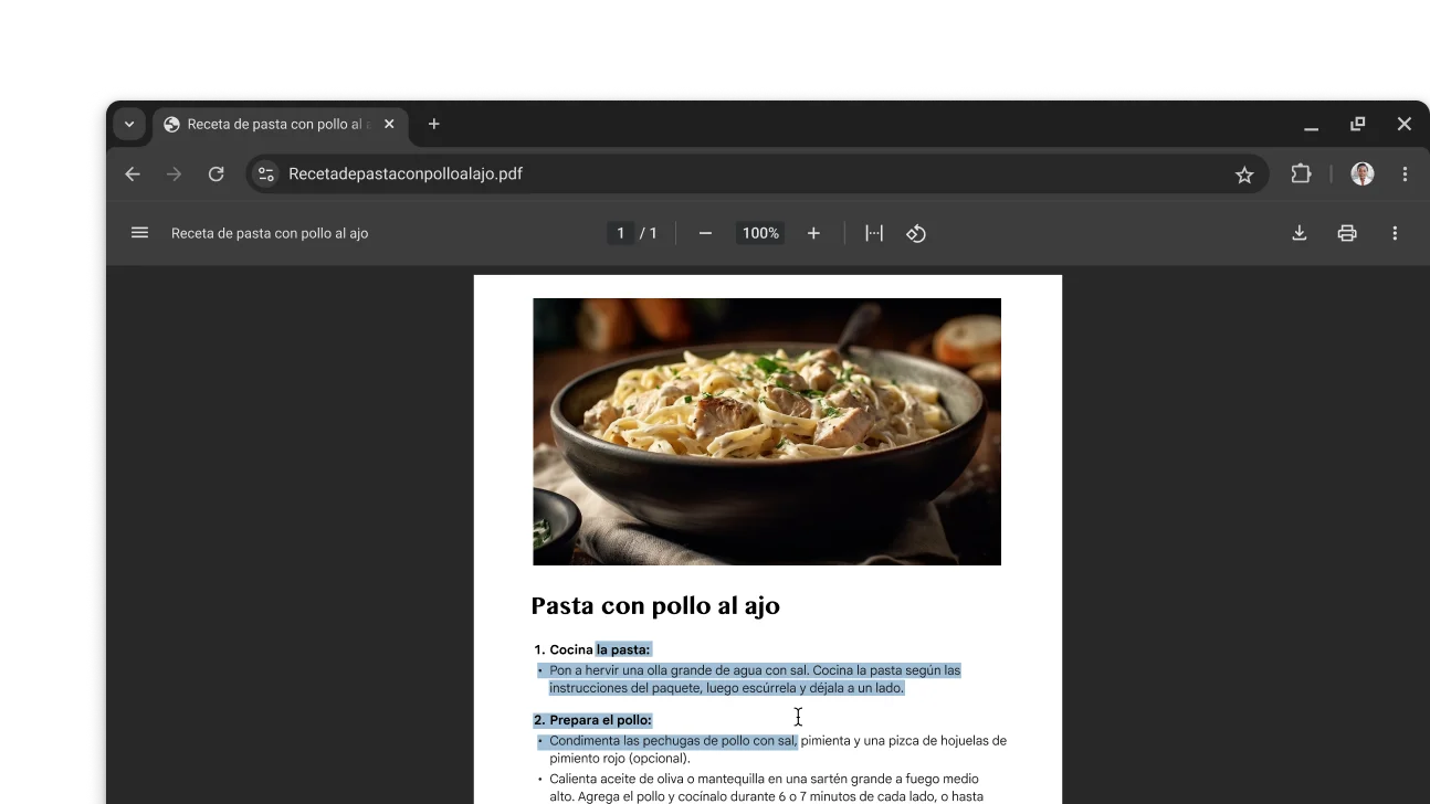 Un PDF con una receta está abierto en una ventana del navegador Chrome. El usuario seleccionó texto en el PDF.
