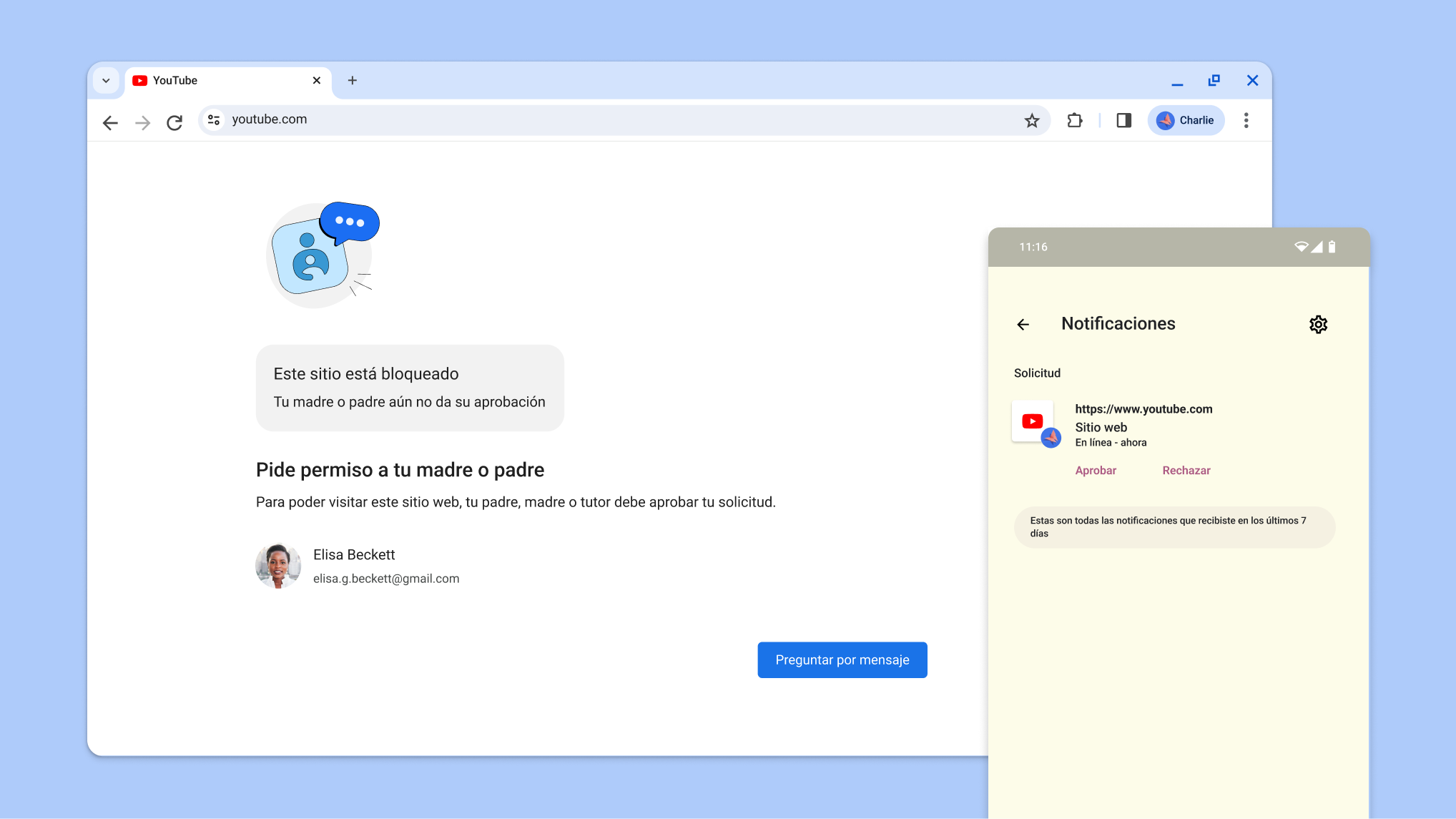 Sitio web bloqueado por controles parentales y una notificación de Family Link para aprobar el acceso