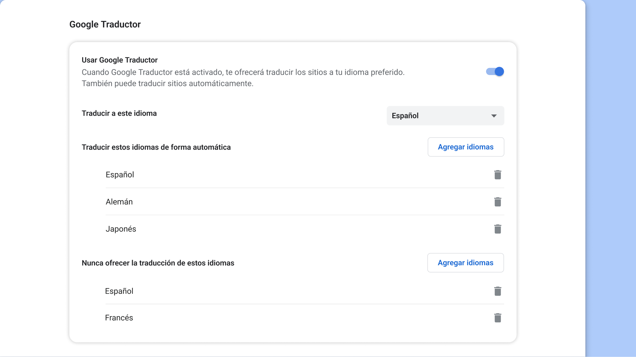 Página de configuración de Google Traductor en Chrome