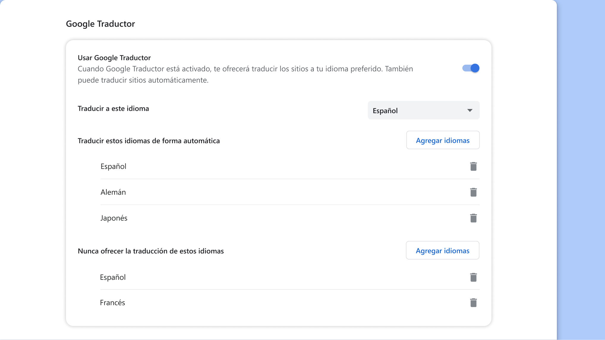 Página de configuración de Google Traductor en Chrome