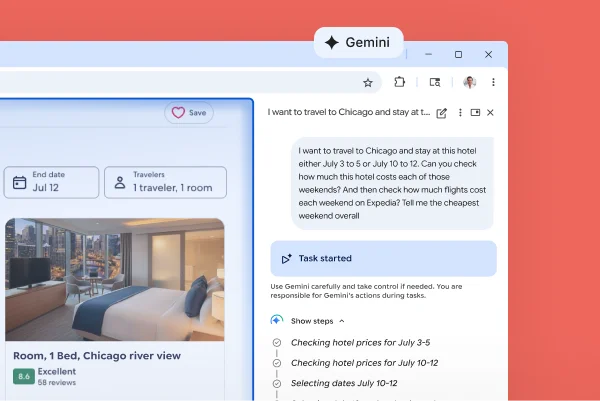 A box titled 'Gemini Live' is over the corner of a webpage. A pause button shows Gemini in Chrome listening to someone talk.