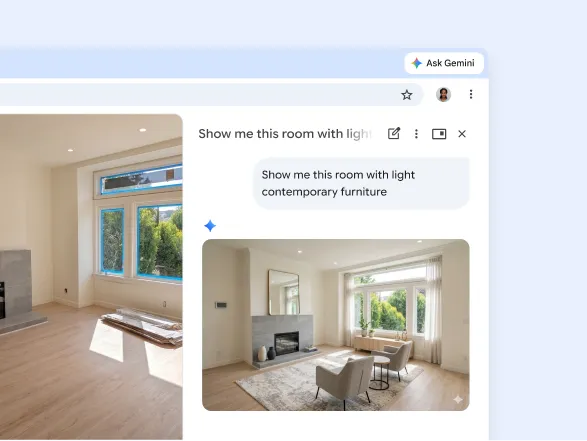 A user asks Gemini in Chrome to add light contemporary furniture to an image of a living room from a webpage