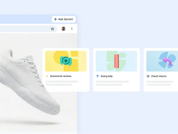 A variety of Gemini in Chrome skills related to online shopping, like summarize reviews, get sizing help, or check returns